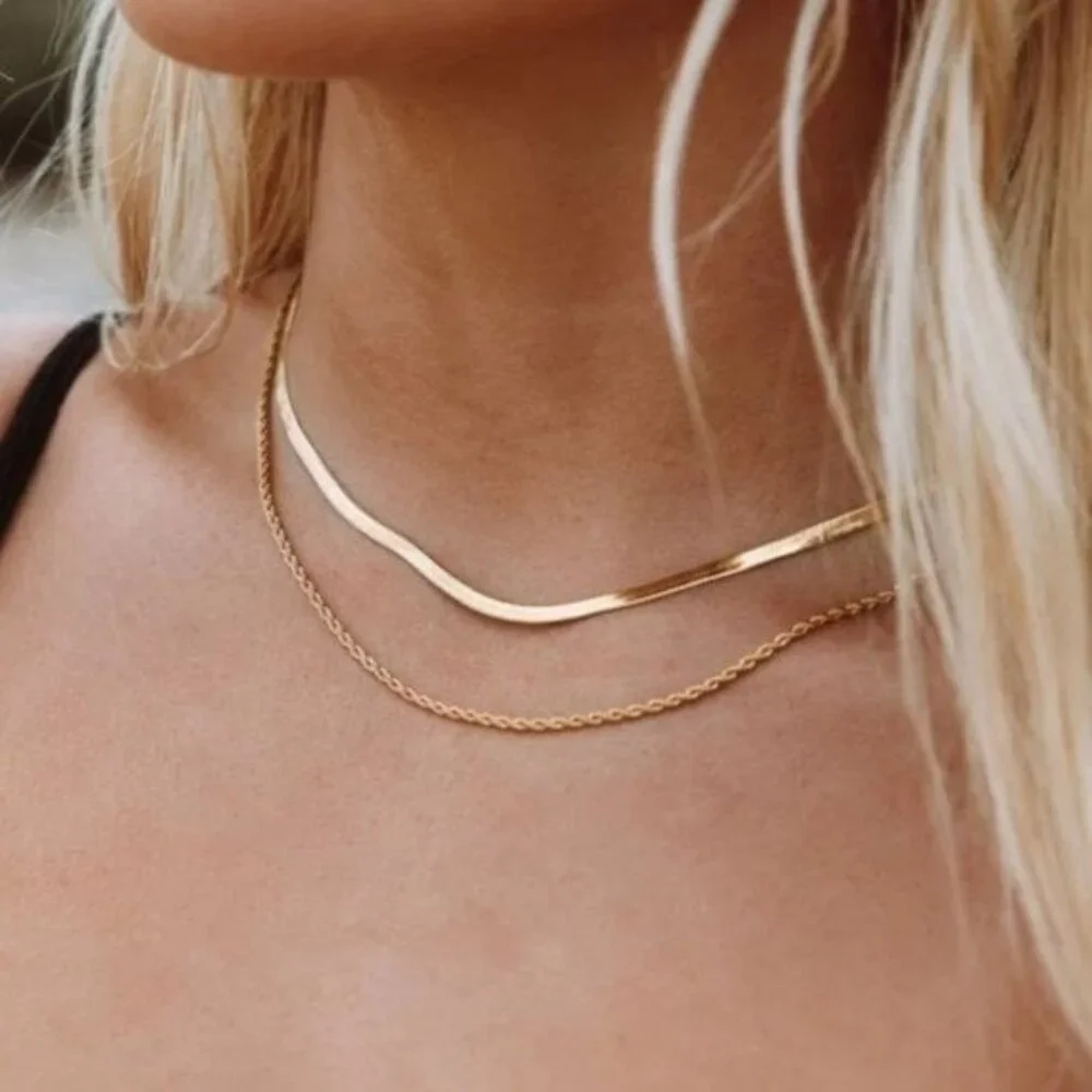 Necklace Layered Gold Herringbone & Gold Rope Chain Necklace WATERPROOF Necklace - Picture 5 of 13